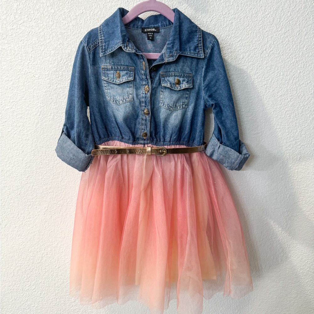 Zunie Kids Denim Belted Tutu Tulle Dress Girls Size 6